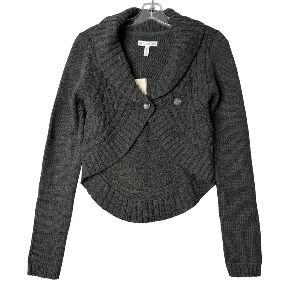 New Aeropostale Cropped Cocoon Circle Cardigan Sweater Womens M Grey Y2K 90s